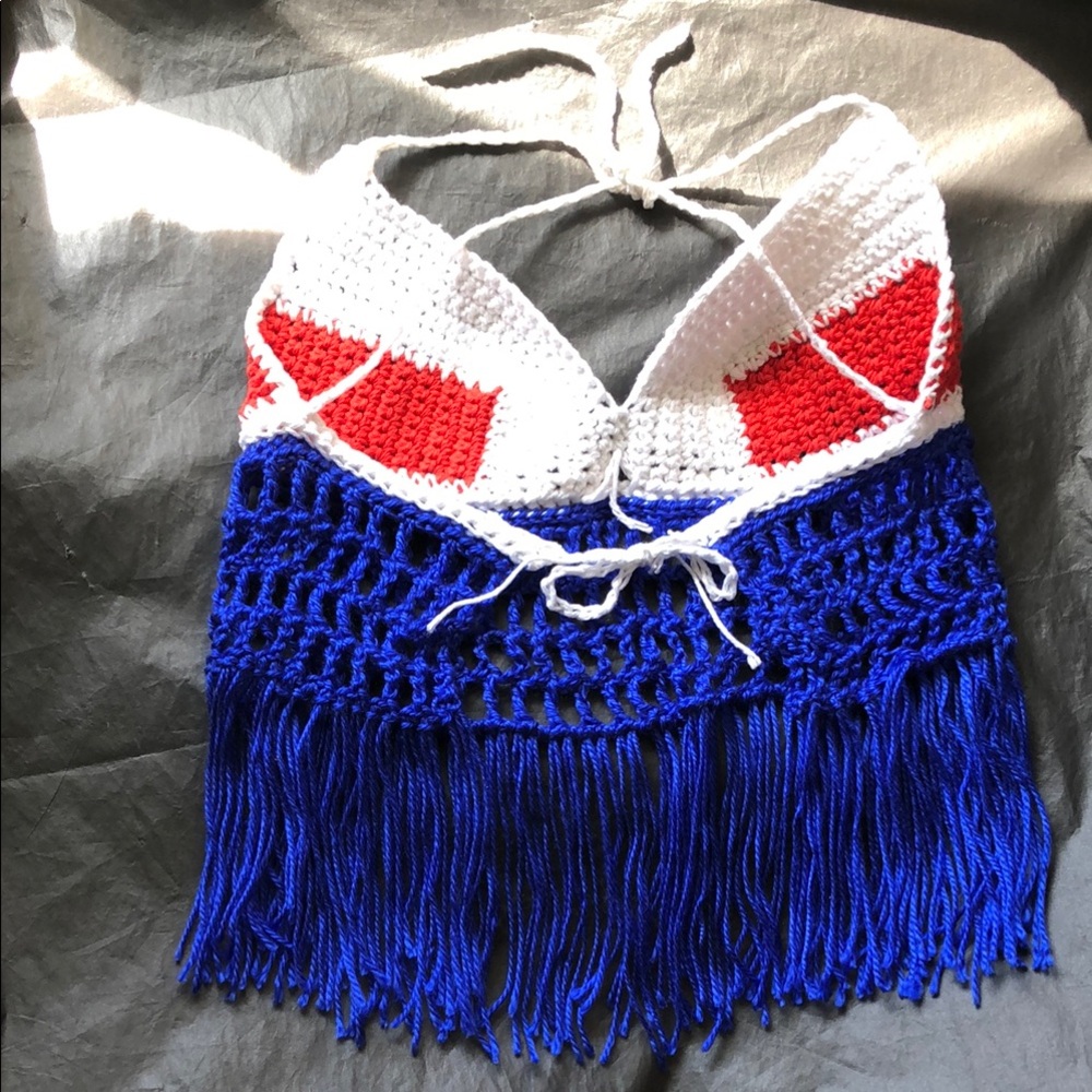 Red, White, and Blue Crochet Halter Top with Fringe - Picture 14 of 15